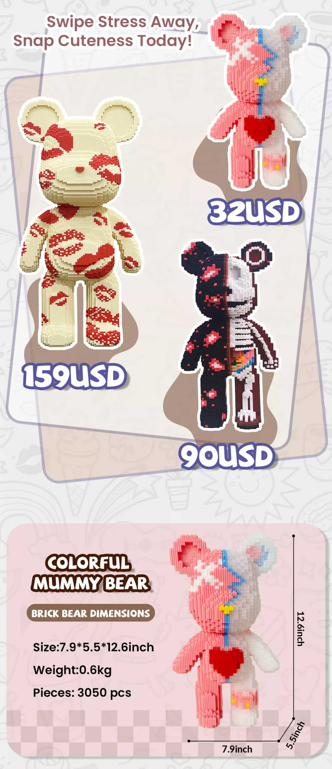 Image of a pink - white heart - themed bear building block set with price, size, weight, and piece count details.