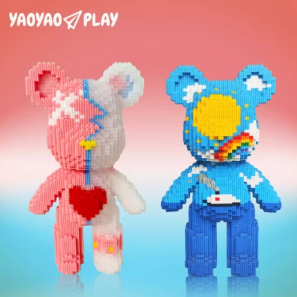 Image of two bear - shaped building block sets from the YaoYao Select Cute Puzzle Toy Series, with a gradient background.