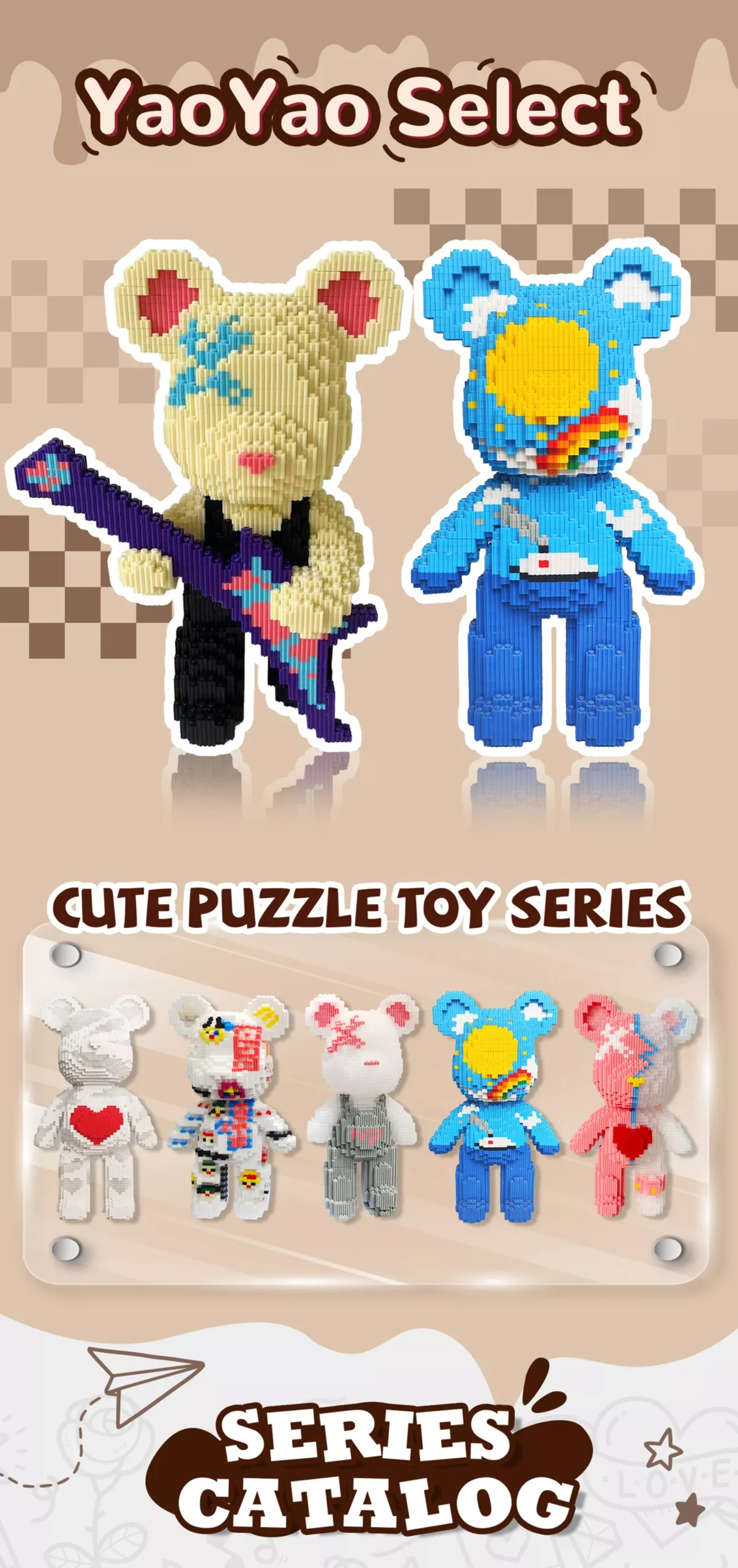 An image of a bear - shaped building block model with pink - white split color, heart motif and blue accents, showing size and piece count.