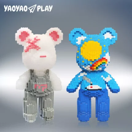 An image of two micro - block bears with contrasting themes against a gradient background.